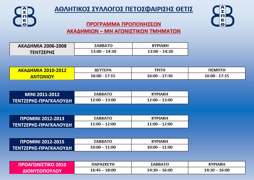 ΠΡΟΓΡΑΜΜΑ ΠΡΟΠΟΝΗΣΕΩΝ ΜΗ ΑΓΩΝΙΣΤΙΚΩΝ ΤΜΗΜΑΤΩΝ - ΑΚΑΔΗΜΙΩΝ